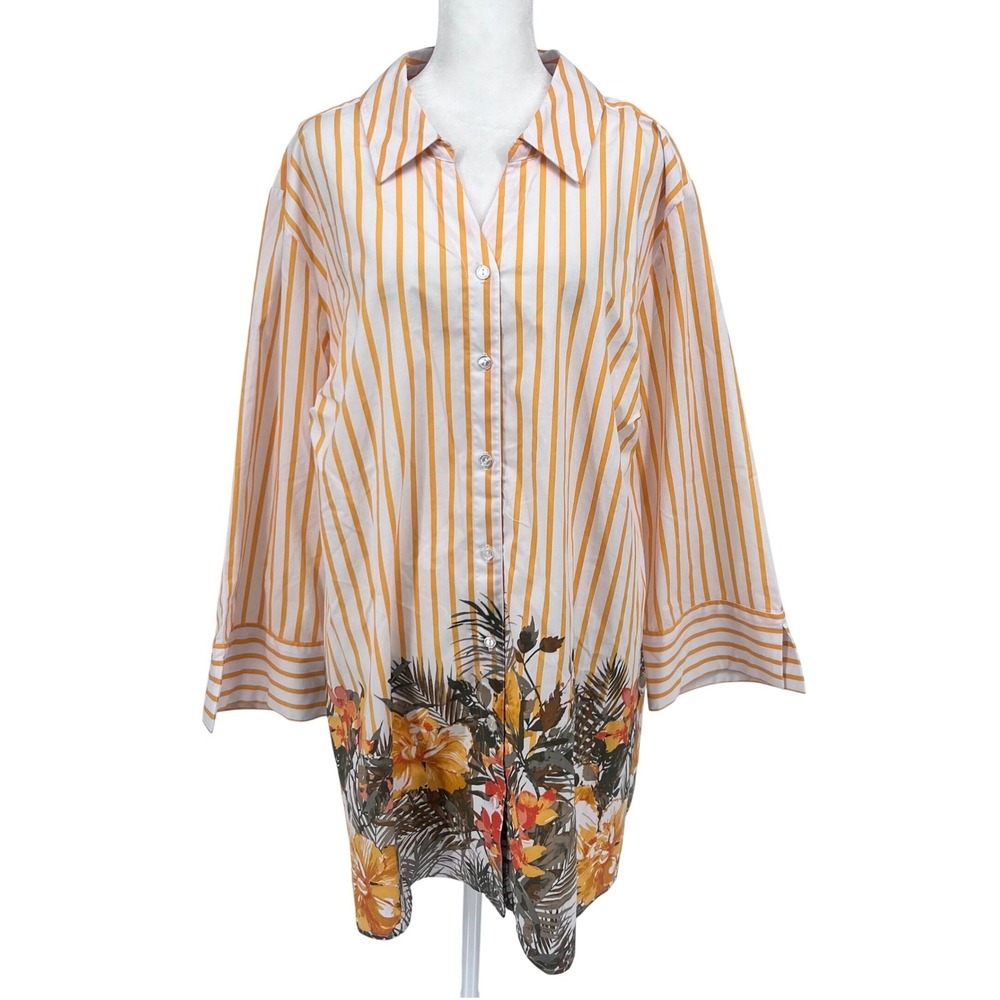 D&Co‎ Womens Plus 3X Striped Floral Button Front Shirt Tunic Orange White Resort